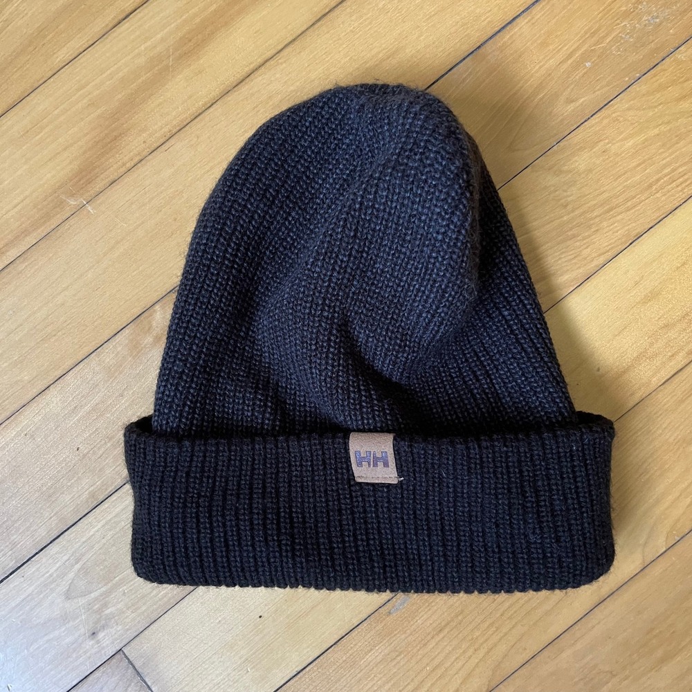Helly Hansen Black Ribbed Knit Cuffed Beanie Hat HH Logo Patch One Size